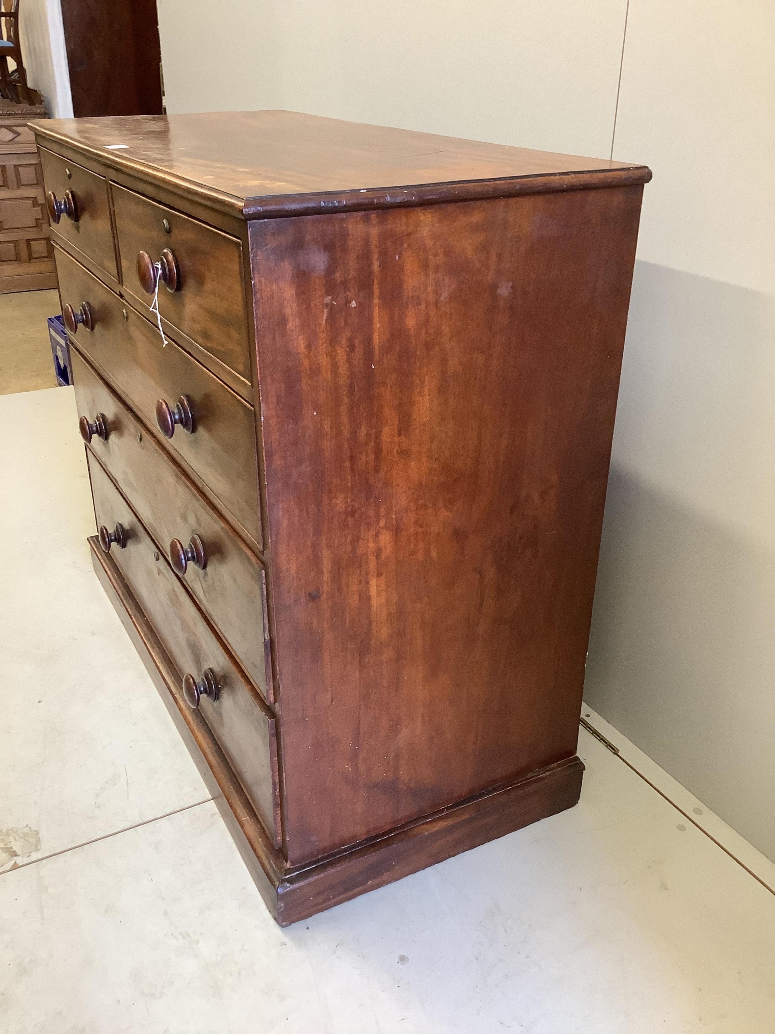 An early Victorian mahogany five drawer chest, width 124cm, depth 56cm, height 107cm. Condition - fair